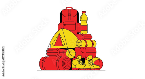 Flat Vector Illustration of Camping Gear and Outdoor Hiking Equipment with Backpack, Tent, and Boots