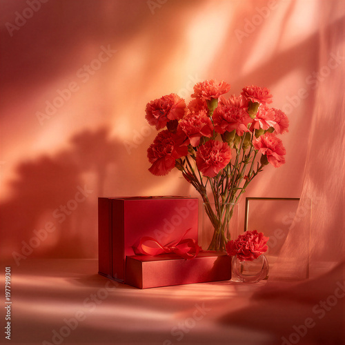 Elegant Mother's Day scene with red carnations and gift box under soft sunlight. Warm Morandi red and coral pink tones. Commercial photo with copy space. Ideal for holiday marketing and promotions.