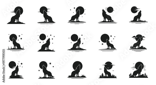 Billede på lærred Wolf Howling Moon Silhouette Collection: Wild Nature Spirit Logo Set