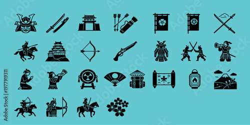 icon sheet collection of traditional japanese samurai culture including warriors, castles, katana swords, cherry blossoms, and historical artifacts in bold silhouettes.