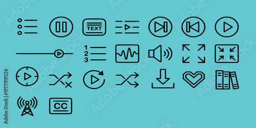 icon sheet collection of video player interface and media control buttons like play, pause, shuffle, and volume for digital app design.
