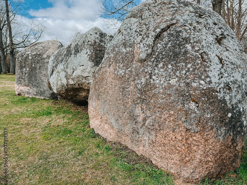 Large Glacial Boulders in Park Landscape Under Cloudy Sky