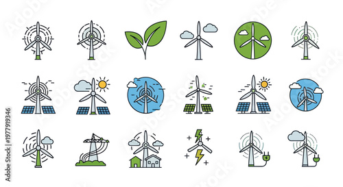 Wind Turbine Icons Set: Renewable Energy, Ecology, Sustainable Power Generation