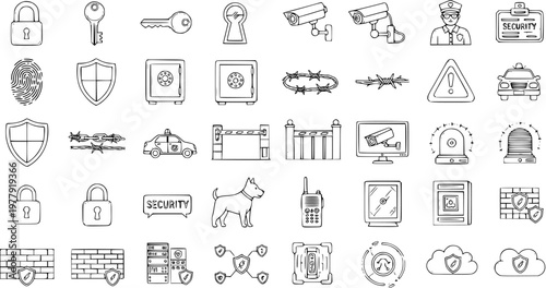 Hand-drawn Doodle Security Icons Set: Comprehensive Collection of Safety, Surveillance, Protection, and Data Security Elements including Cameras, Locks, Alarms, and Guards.