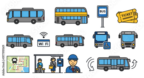 Public Transport Icons: Buses, Bus Stop, Driver, Tickets, Wi-Fi, Map, Accessibility