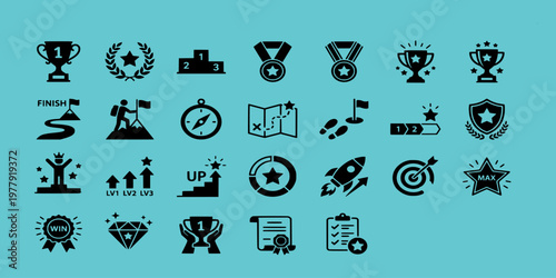 icon sheet collection of achievement and success symbols featuring trophies, medals, ranking podiums, target boards, and career growth progress icons.