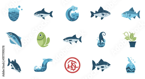 Oceanic Icons: Marine Life, Water Waves, and Aquatic Plants Collection