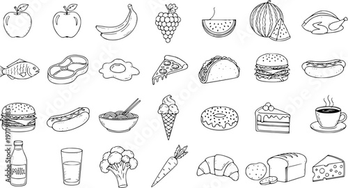 Hand-drawn outline doodle icons of various food items including fruits, vegetables, fast food, desserts, drinks, and proteins, perfect for healthy eating or restaurant menus.