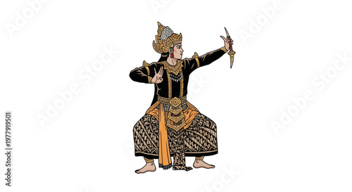 Traditional Javanese Dancer in Elaborate Costume Holding Kris Dagger