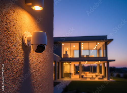 Security camera mounted on wall. Modern house exterior at twilight with warm lighting. Surveillance equipment offers property protection, safety. Smart home technology enhances residential security. H