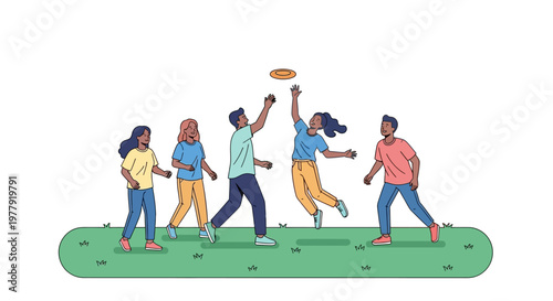 Group of Diverse Friends Playing Frisbee in a Park Illustration. Flat Vector Design of Young People Enjoying Outdoor Activity and Summer Leisure on Green Grass.