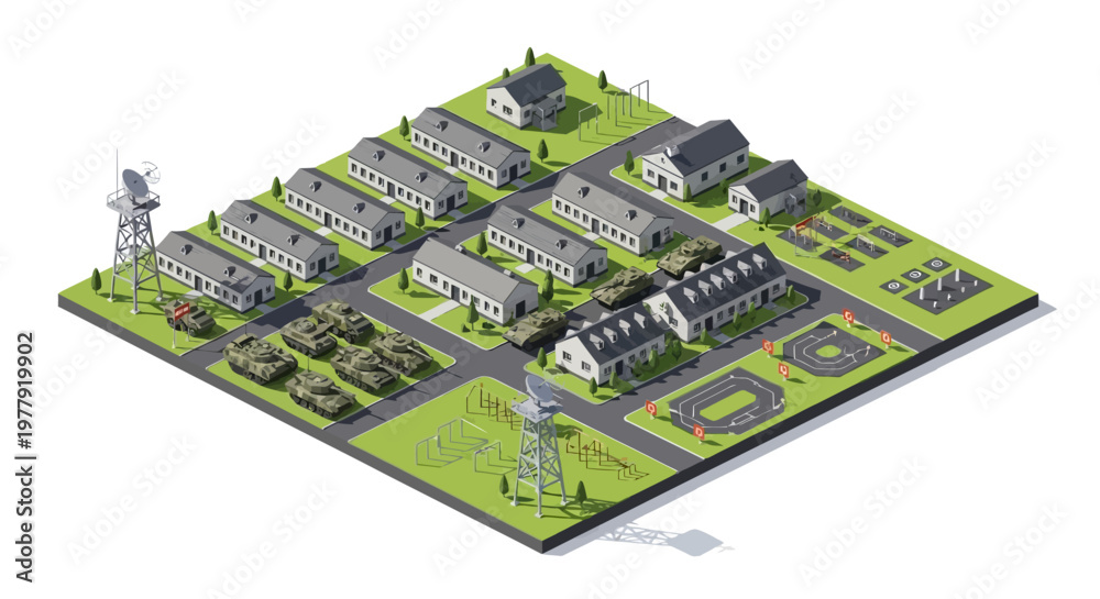 Obraz premium Isometric 3D vector illustration showcasing a military base with barracks, tanks, and infrastructure elements arranged on a green field, rendered with a clean, modern style and a neutral