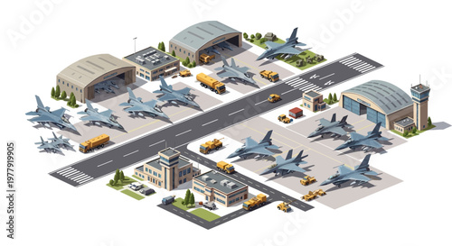 Isometric 3D military illustrations showcase a detailed army base design with fighter jets parked on the runway, fuel trucks nearby, and various buildings, all rendered in a clean, vector