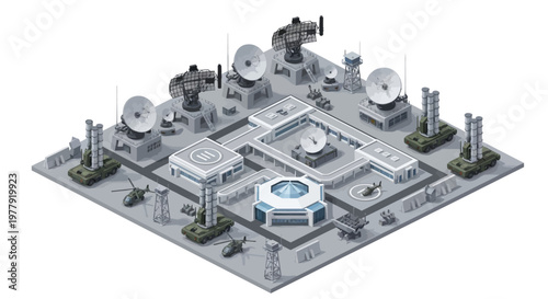 Isometric vector illustration of a 3D military base featuring radar dishes, missile launchers, and helicopters arranged on a square platform against a white background, rendered in a muted