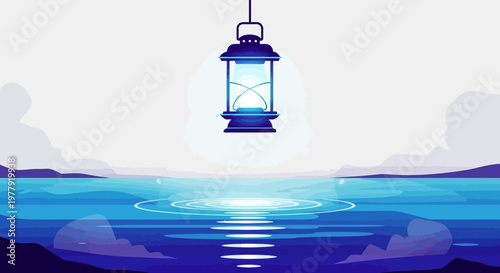 Minimalist Vector Illustration of a Glowing Blue Lantern Over Calm Ocean Water, Concept of Guidance, Hope, and Serenity
