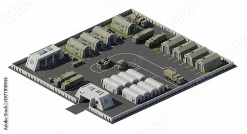 Isometric 3D military illustrations present an army camp design with vehicles parked near tent barracks on a gray concrete surface, creating a strategic military base isometric composition