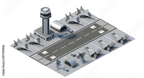 Isometric 3D military base illustration featuring a control tower and fighter jets parked on the tarmac, rendered with a clean, modern vector design and a neutral gray color palette