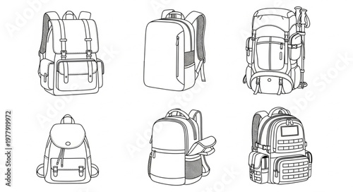 Six Backpacks Line Art - Versatile Travel and School Bag Collection.