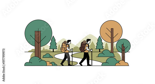 Two Backpackers Hiking on a Mountain Trail Flat Illustration. Minimalist Outdoor Adventure and Trekking Vector Graphic with Trees and Forest Landscape.