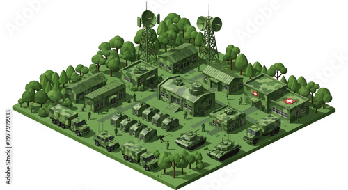 Isometric 3D military illustration showcasing an army camp design with camouflaged buildings, tanks, and tents positioned on a grassy terrain surrounded by trees and communication towers
