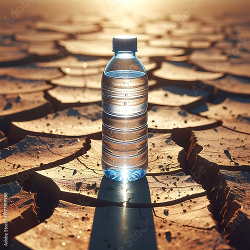 A solitary water bottle stands upright against a backdrop of parched, cracked earth, illuminated by sunlight. The bottle is filled with clear liquid