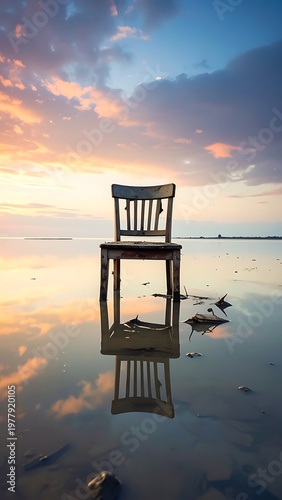 A solitary, weathered chair stands in reflective water with a pastel sky as its backdrop. The scene suggests stillness and isolation