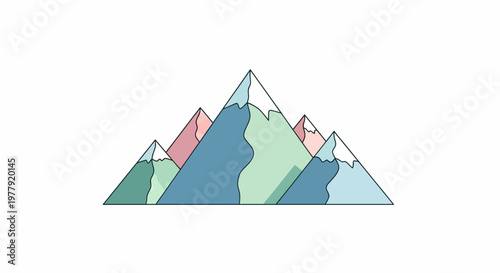 Minimalist Geometric Mountain Range Illustration with Pastel Colors and Snow Caps Isolated on White Background