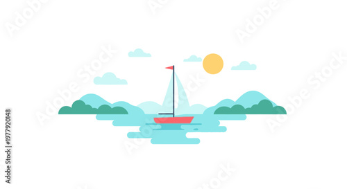 Minimalist Flat Vector Illustration of a Sailboat on Calm Water with Mountains and Sun