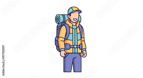 Smiling Male Hiker with Large Backpack Cartoon Illustration - Adventurous Man Traveling and Camping Character Isolated on White Background