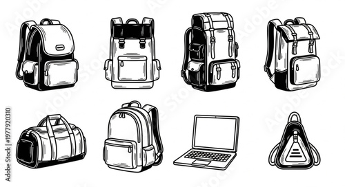 Collection of Hand-Drawn Backpacks and Bags.