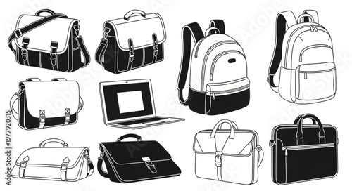 Collection of diverse school bags and briefcases in black and white.