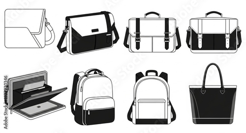 Collection of Various Bag Styles and Designs in Black and White.