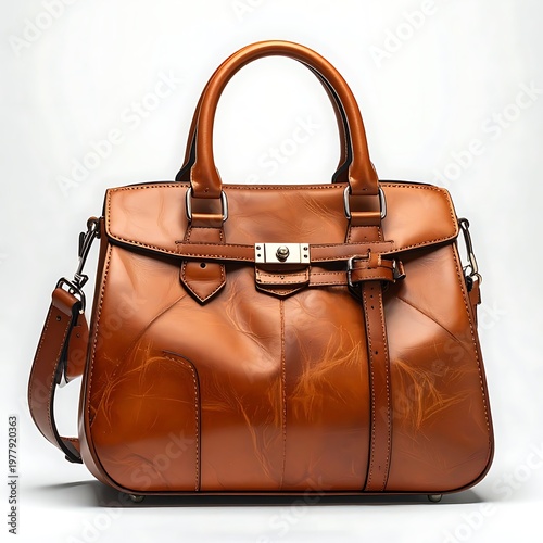 A sophisticated handbag, rendered in a warm brown leather with a top handle and shoulder strap. It has metal hardware