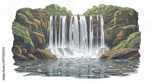 Artistic Illustration of a Scenic Waterfall Cascading Over Mossy Cliffs into a Mountain Pool, Nature Landscape Art on White Background