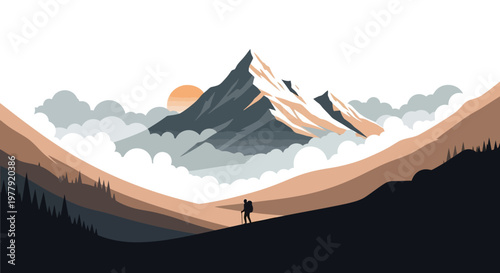 Minimalist Vector Illustration of a Hiker Trekking Towards a Snowy Mountain Peak at Sunrise - Concept of Adventure, Travel, and Goal Achievement