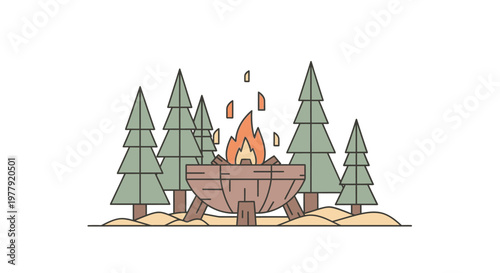 Minimalist Flat Vector Illustration of a Campfire in a Stylized Fire Pit with Pine Trees