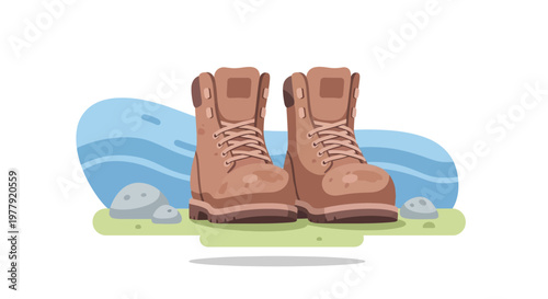 Pair of Brown Leather Hiking Boots Vector Illustration for Outdoor Adventure, Trekking, and Workwear Concept on Nature Background