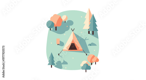 Minimalist Flat Design Illustration of a Camping Tent in a Forest with Trees and Rocks on White Background