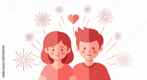 Flat Vector Illustration of a Romantic Young Couple with a Heart and Fireworks for Valentine's Day