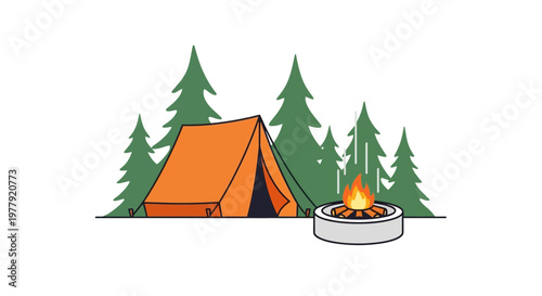 Minimalist Camping Scene with Orange Tent and Campfire in Pine Forest, Flat Vector Illustration