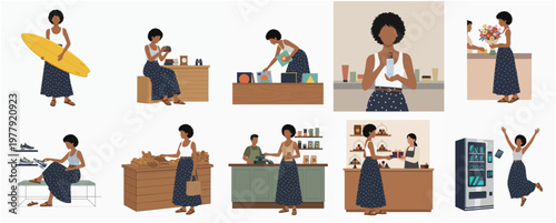 Stylish Flat Illustration of Young Woman in Various Shopping Scenarios