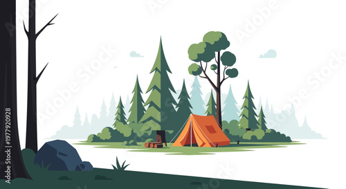 Minimalist Flat Vector Illustration of a Tent in a Pine Forest Campsite, Outdoor Adventure and Nature Tourism Concept Isolated on White Background