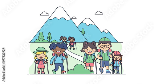 Group of Diverse Happy Kids Hiking in Mountains Vector Illustration - Outdoor Adventure, Summer Camp, and Nature Exploration for Children