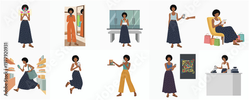 Flat Style Diverse Woman Shopping and Retail Activities Character Set Illustration