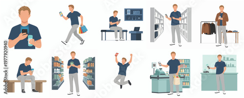 Flat Illustration of Man Using Smartphone in Different Location Scenes