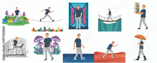 Flat Illustrated Man Character Various Activity and Scenery Set