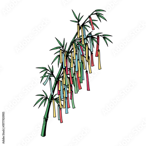 Bamboo decoration with colorful paper strips in bold graphic vector illustration