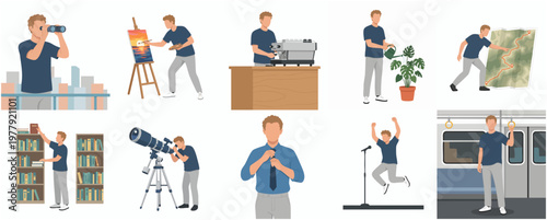 Flat Style Different Occupation and Hobby of Young Man Character Illustration