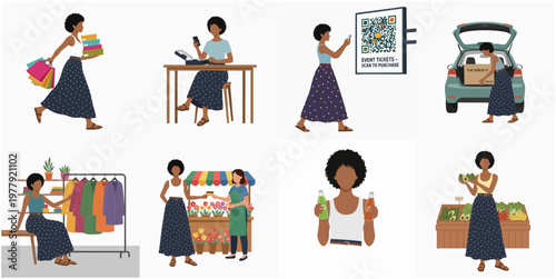 Flat Illustration Woman Shopping with Various Activities and Retail Scene