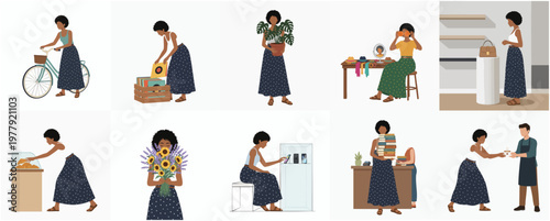 Flat Illustration Set of Woman in Different Lifestyle Activities and Poses